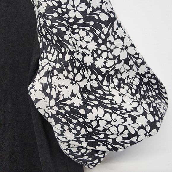 Talbots Floral Puff Sleeve Top Size XL Black Stretch Keyhole Ribbed Round Neck - Picture 6 of 11